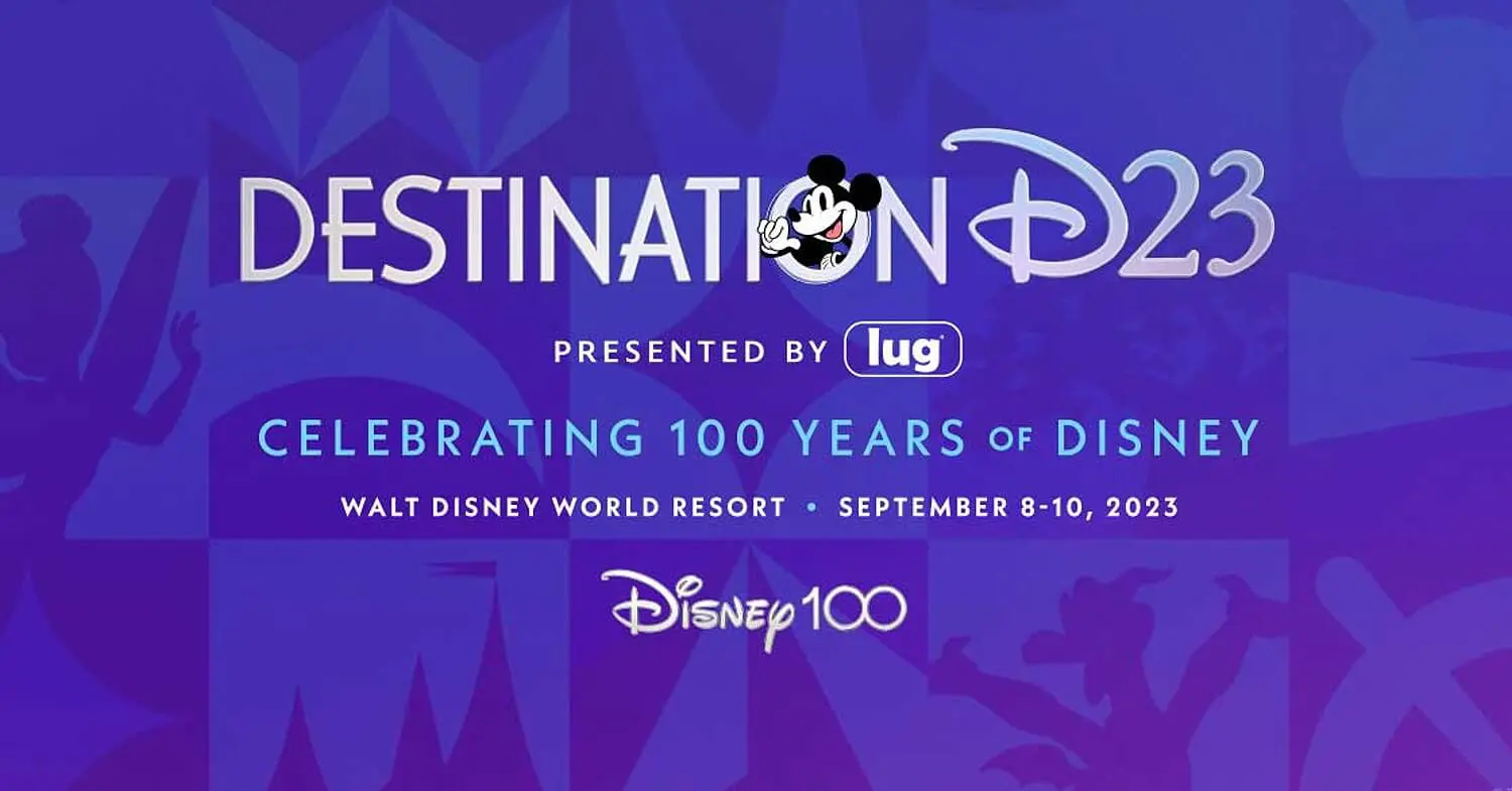 Destination D23 Destination D23 Schriftzug auf lilafarbenem Hintergrund. Aus dem O schaut Mickey Mouse hervor