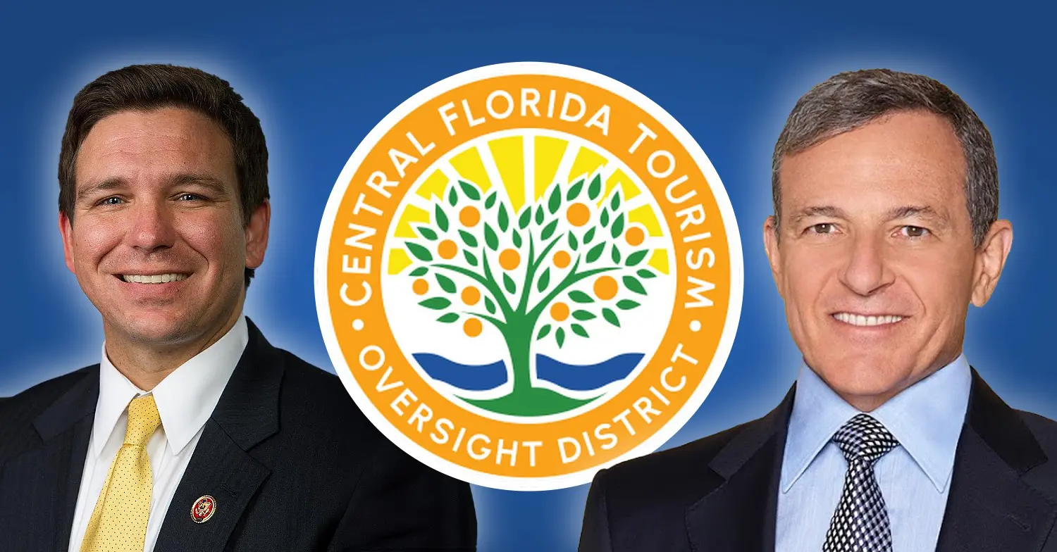 Ron DeSantis, Bob Iger und das Logo des Central Florida Tourism Oversight District  Ron DeSantis, Bob Iger und das Logo des Central Florida Tourism Oversight District im Kontext der Klageabweisung