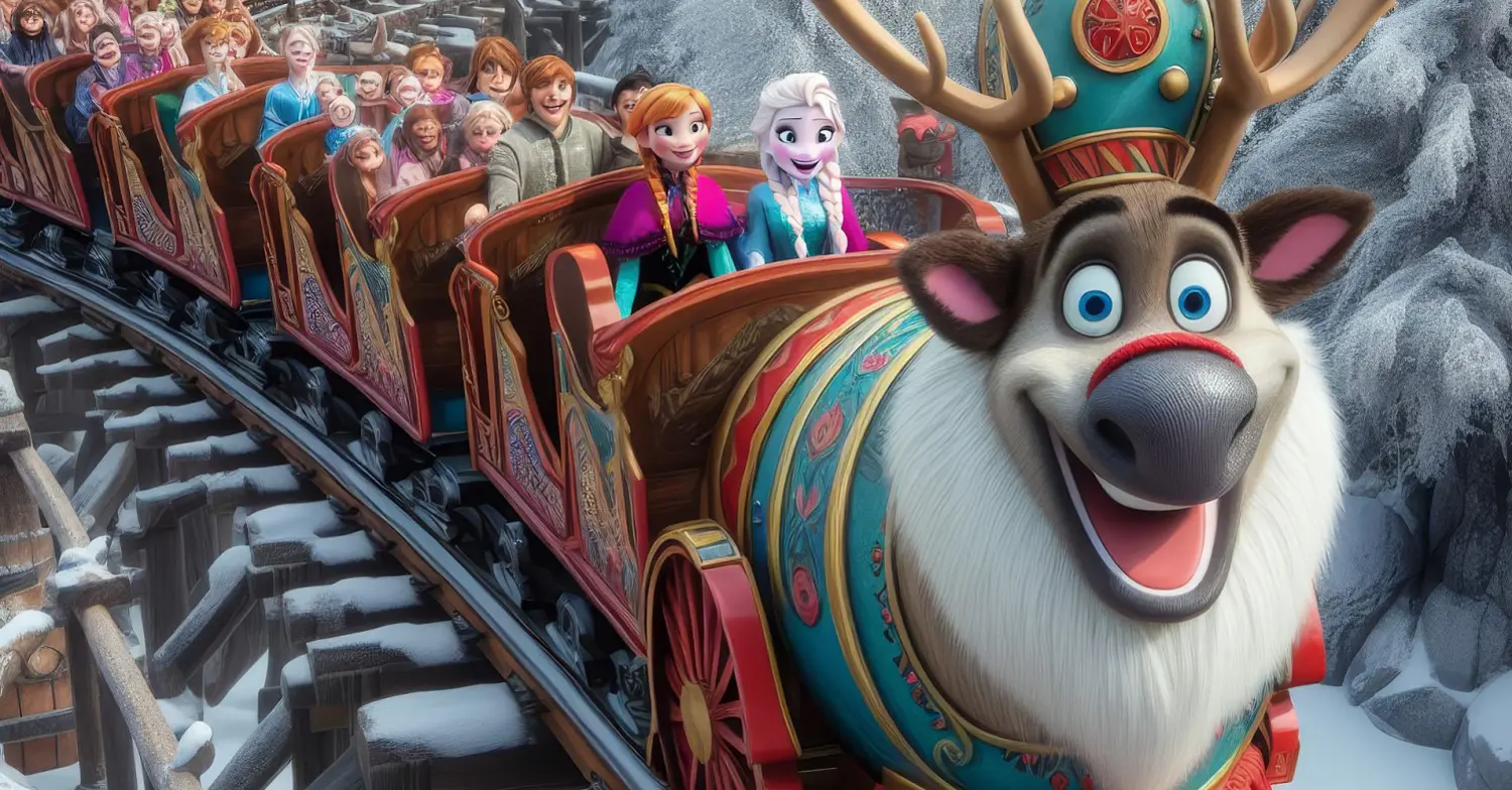 Svens Snowy Sleigh Ride Rentier Sven zieht einen Schlitten, der aussieht wie ein Zug, durch eine verschneite Landschaft. Im Schlitten sitzen Anna und Elsa sowie andere Personen.