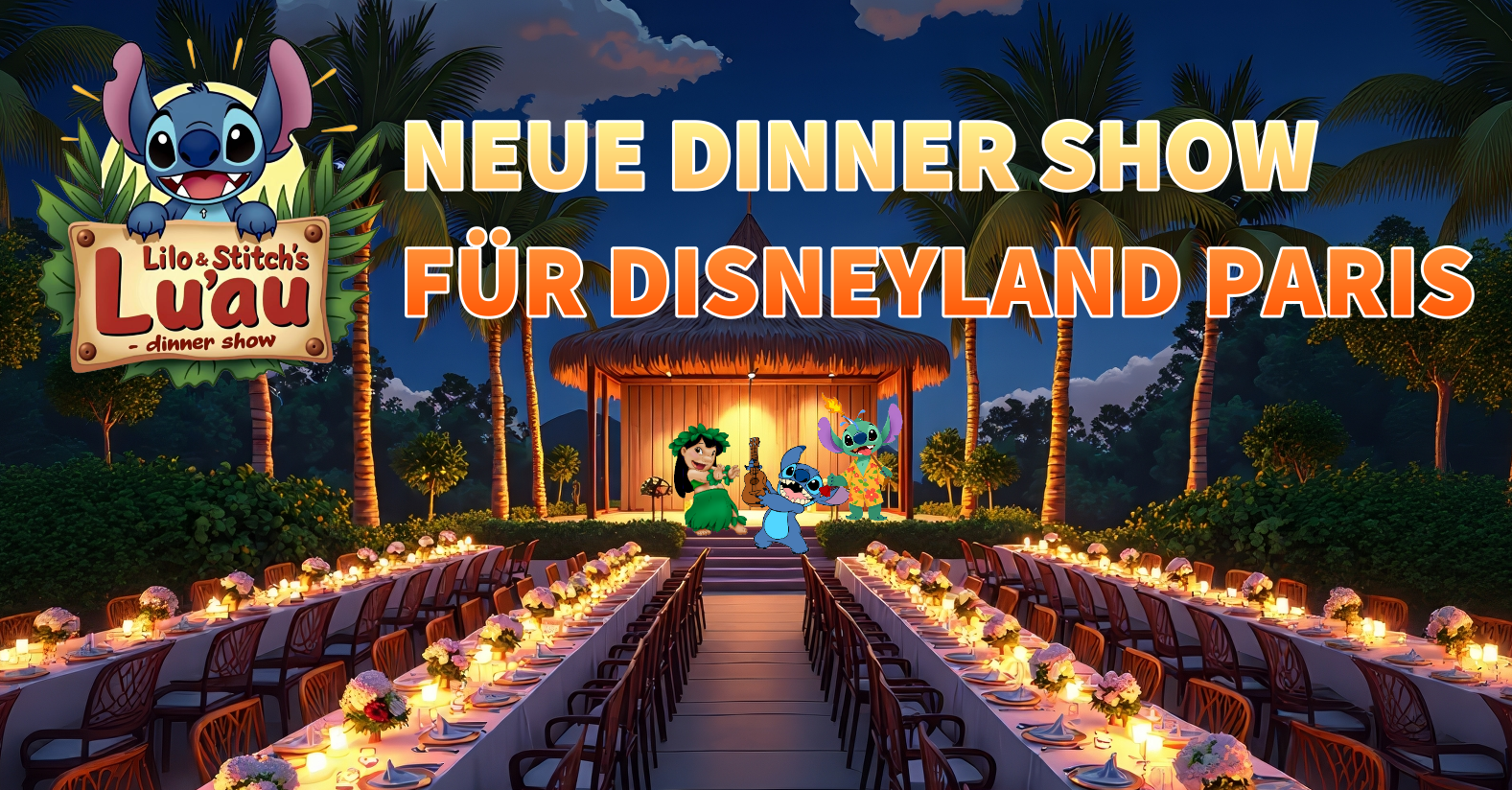 Konzeptzeichnung für die neuen Dinner Show Lilo & Stitch's Lu'au mit Logo für das Event