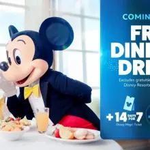 Eine Werbegrafik zeigt Mickey Mouse und ein Mädchen mit Minnie Maus Ohren an einem Frühstückstisch