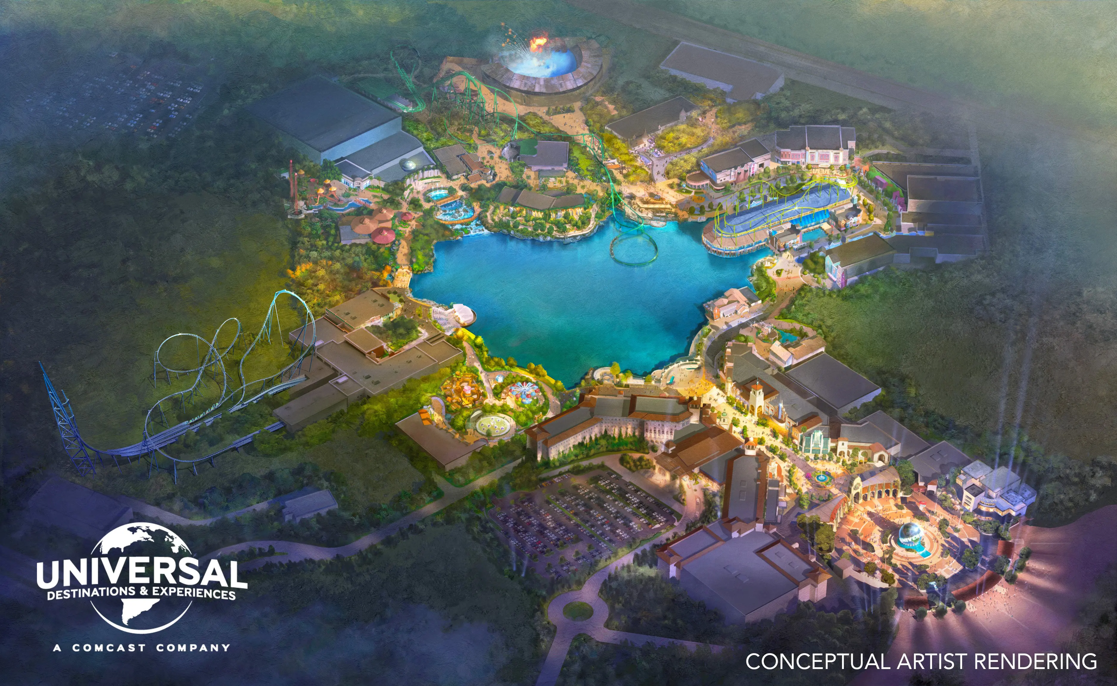 Hochauflösendes Concept Art des gepanten Universal Parks bei Bedford Hochauflösendes Concept Art des gepanten Universal Parks bei Bedford. Das Concept Art zeigt den Eingangsbereich des Parks und die Themenbereiche