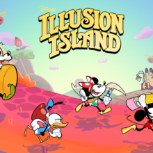 Illustration zum Spiel Disney Illusion Island mit den Comicfiguren Mickey Mouse, Minnie Mouse, Donald Duck und Goofy