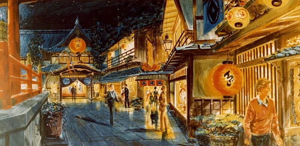 Konzeptzeichnung für den Japan Pavillon in Epcot bei Nacht