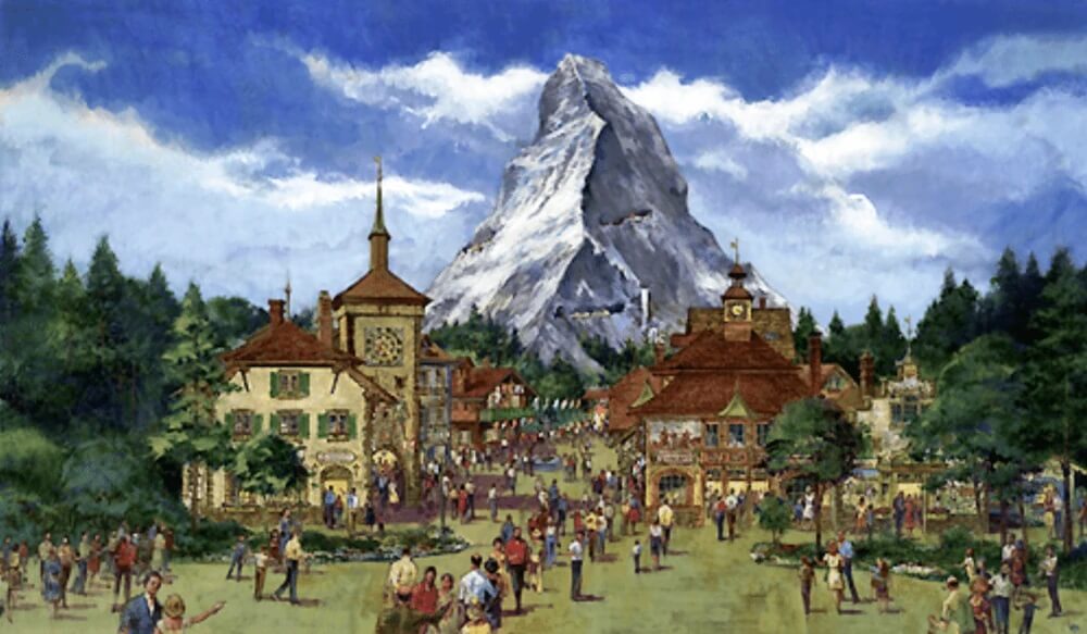 Konzeptzeichnung für einen Schweiz Pavillon in Epcot mit einem Dorf und Bergmassiv