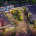 Konzeptzeichnung für den neu gestalteten Animation Courtyard in Disney's Hollywood Studios mit begrüntem Innenhof und Mickeys Zauberhut