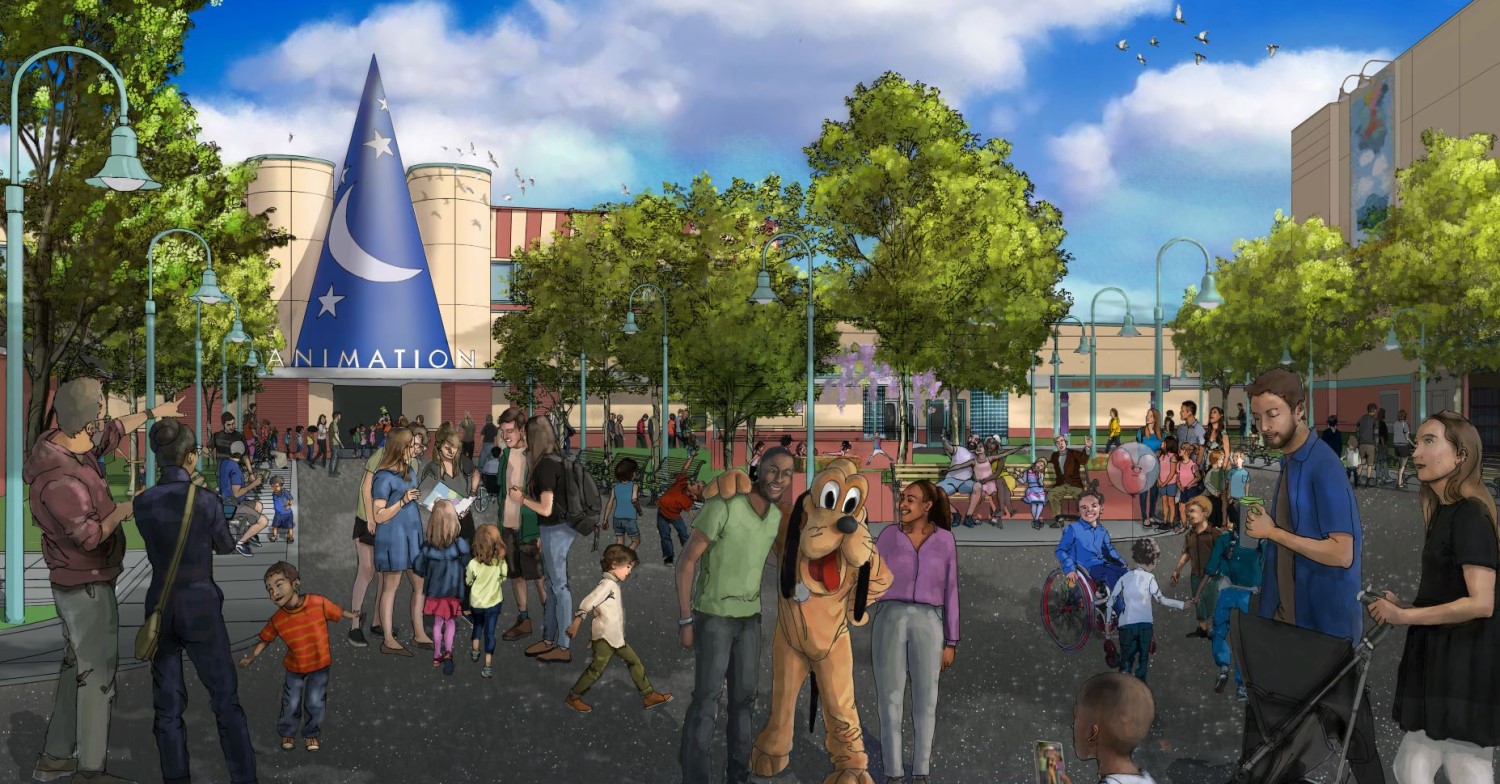 Konzeptzeichnung Animation Courtyard Detaillierte Konzeptzeichnung des Animation Courtyard mit zahlreichen Besuchern und Pluto