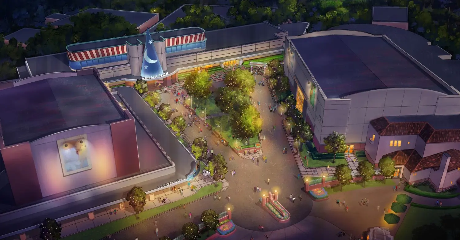 Animation courtyard Konzeptzeichnung Konzeptzeichnung für den neu gestalteten Animation Courtyard in Disney's Hollywood Studios mit begrüntem Innenhof und Mickeys Zauberhut