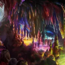 Konzeptzeichnung für die Rainbow Caverns von Big Thunder Mountain Railroad mit dem Zug, der die Höhle passiert