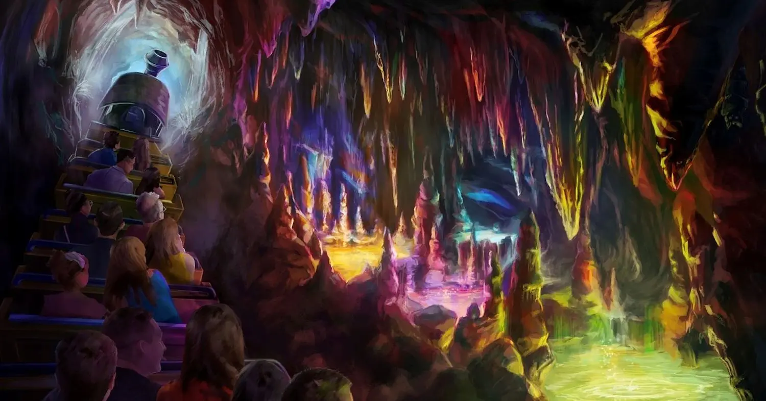 Konzeptzeichnung für die Rainbow Caverns von Big Thunder Mountain Railroad mit dem Zug, der die Höhle passiert