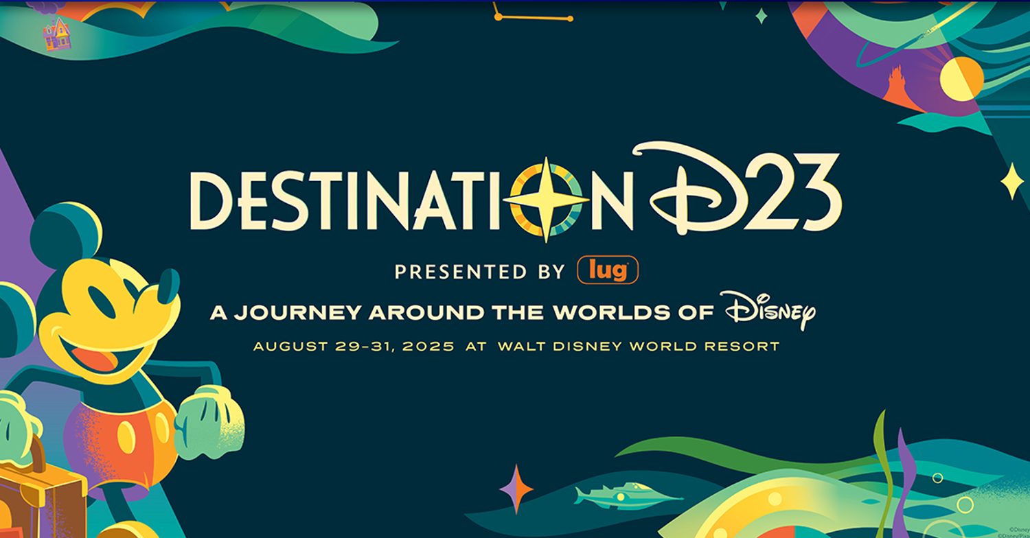 Grafik für das Destination D23 Event auf dem am linken Rand Mickey Mouse mit einem Koffer zu sehen ist