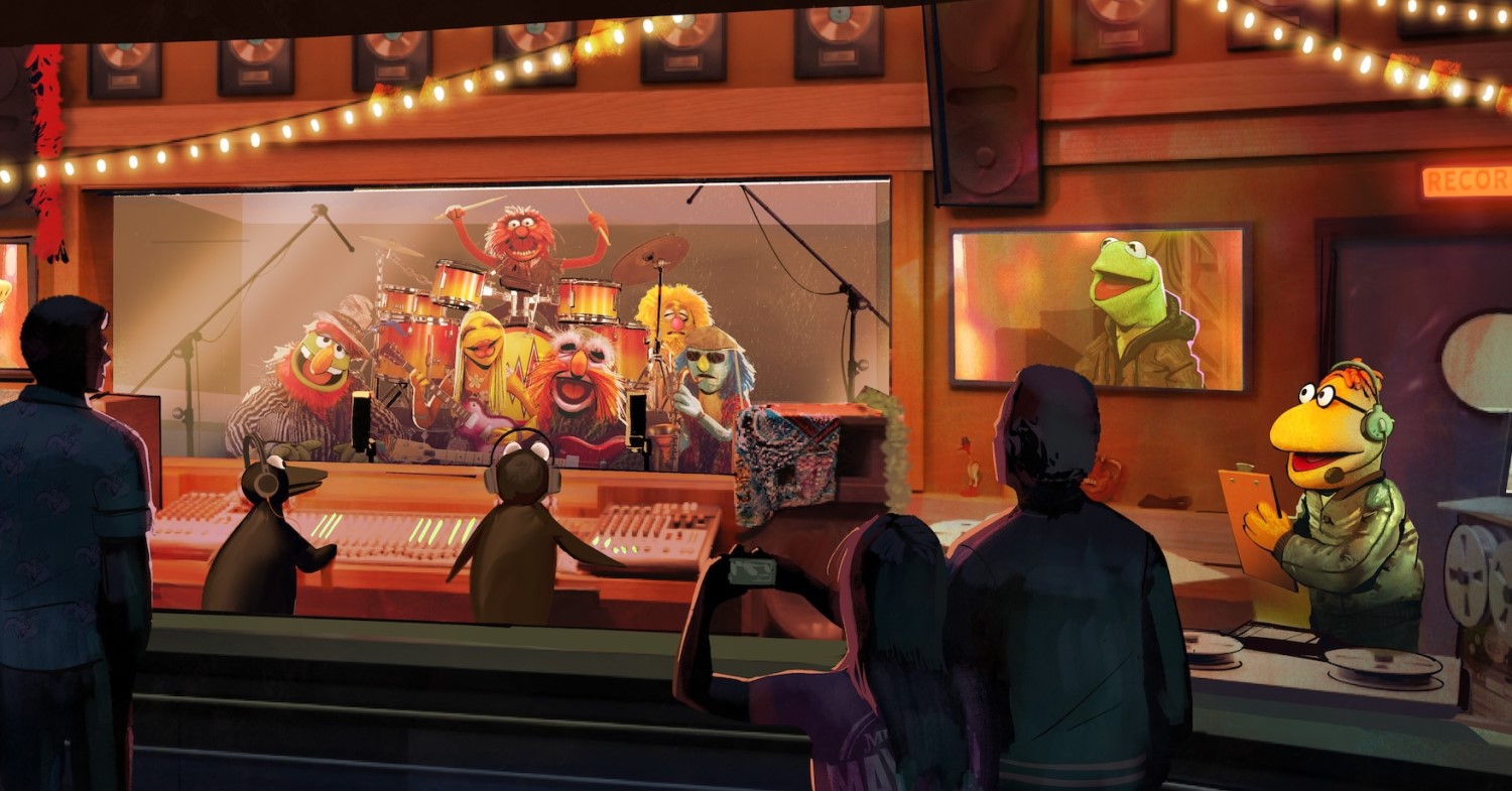 Muppet Mayham Muppet Studio mit einer Bandprobe - Scooter managt, Kermit ist per Video zugeschaltet, die Pinguine bedienen das Mischpult