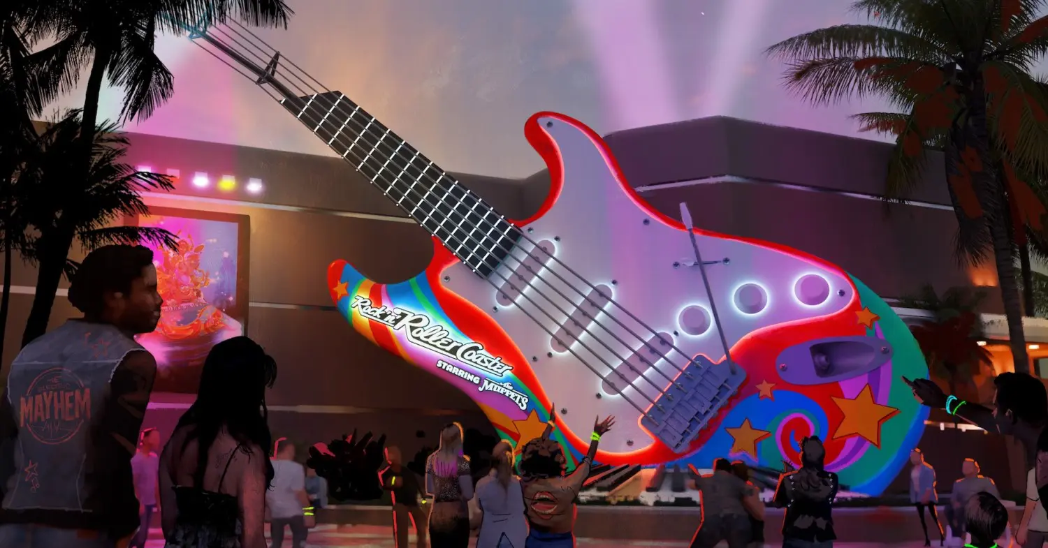 Konzeptzeichnung mit riesiger E-Gitarre vor dem Gebäude, die in psychedelischen Farben leuchtet