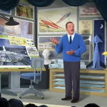 Konzeptzeichnung die Walt Disney in einem Arbeitszimmer mit Entwürfen für Epcot, die Monorail und andere Attraktionen zeigt