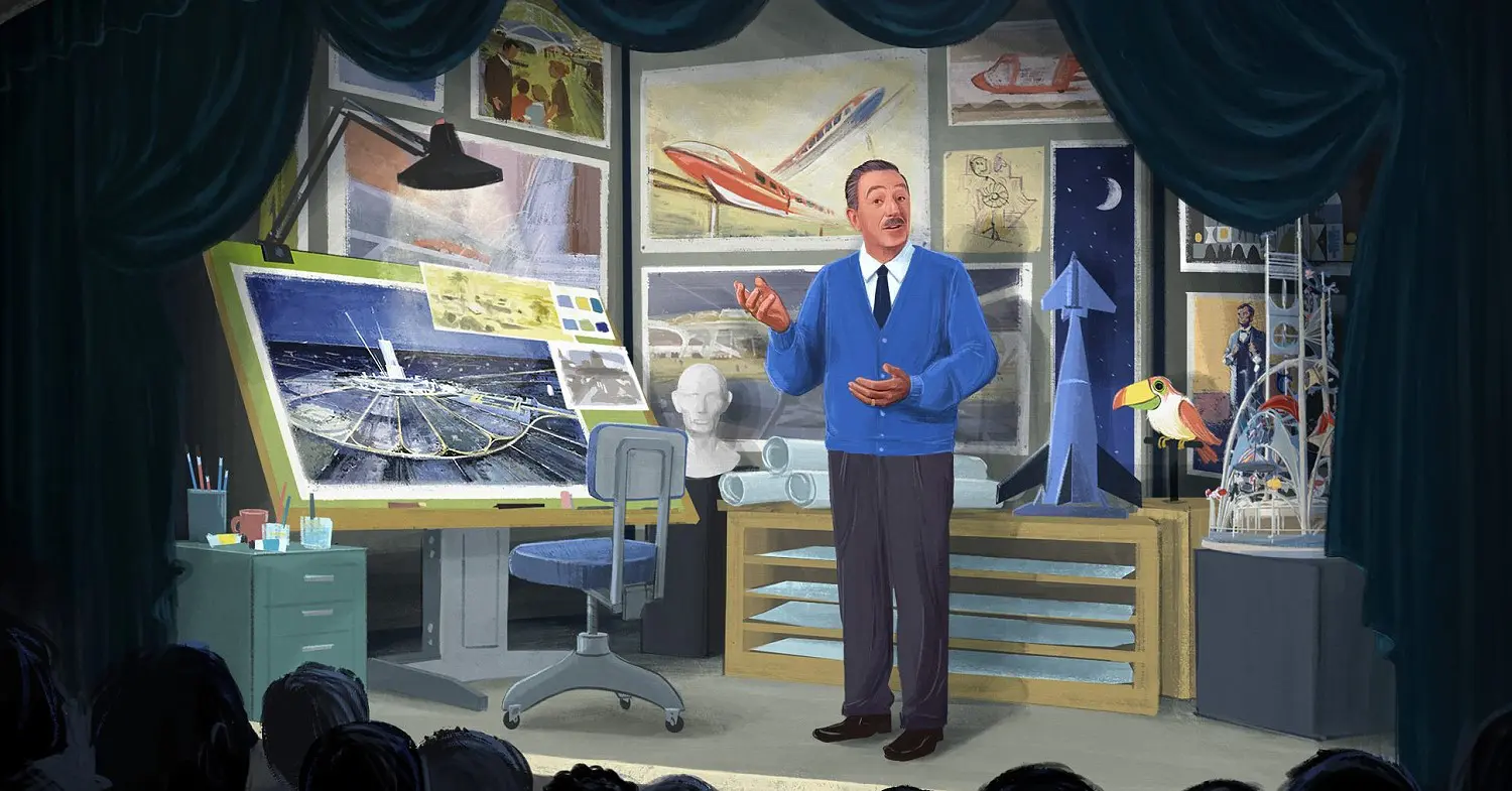Konzeptzeichnung die Walt Disney in einem Arbeitszimmer mit Entwürfen für Epcot, die Monorail und andere Attraktionen zeigt