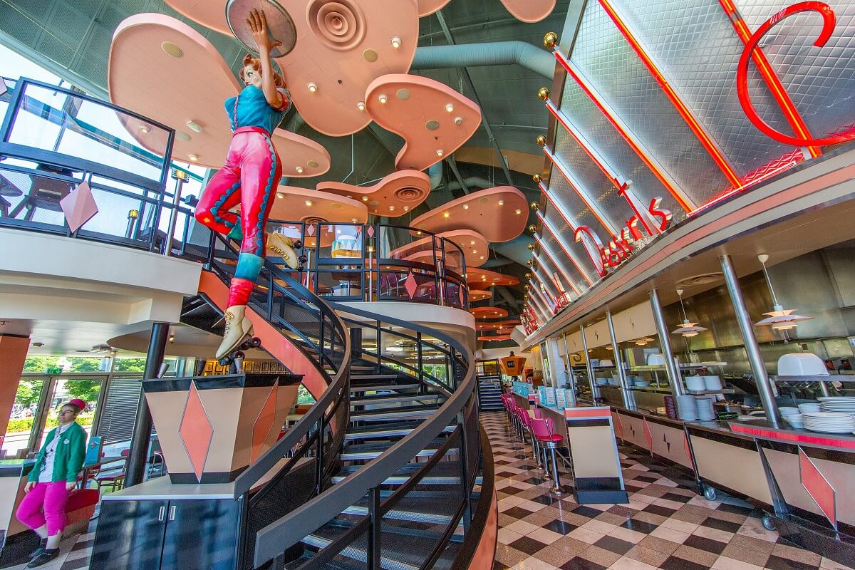 Ein Blick in das heutige Annette's Diner Ein Blick in das heutige Annette's Diner mit der offenen Küche rechts und der ikonischen Figur einer Kellnerin auf Rollschuhen zentral an der Treppe zum nachträglich eingebauten Obergeschoss