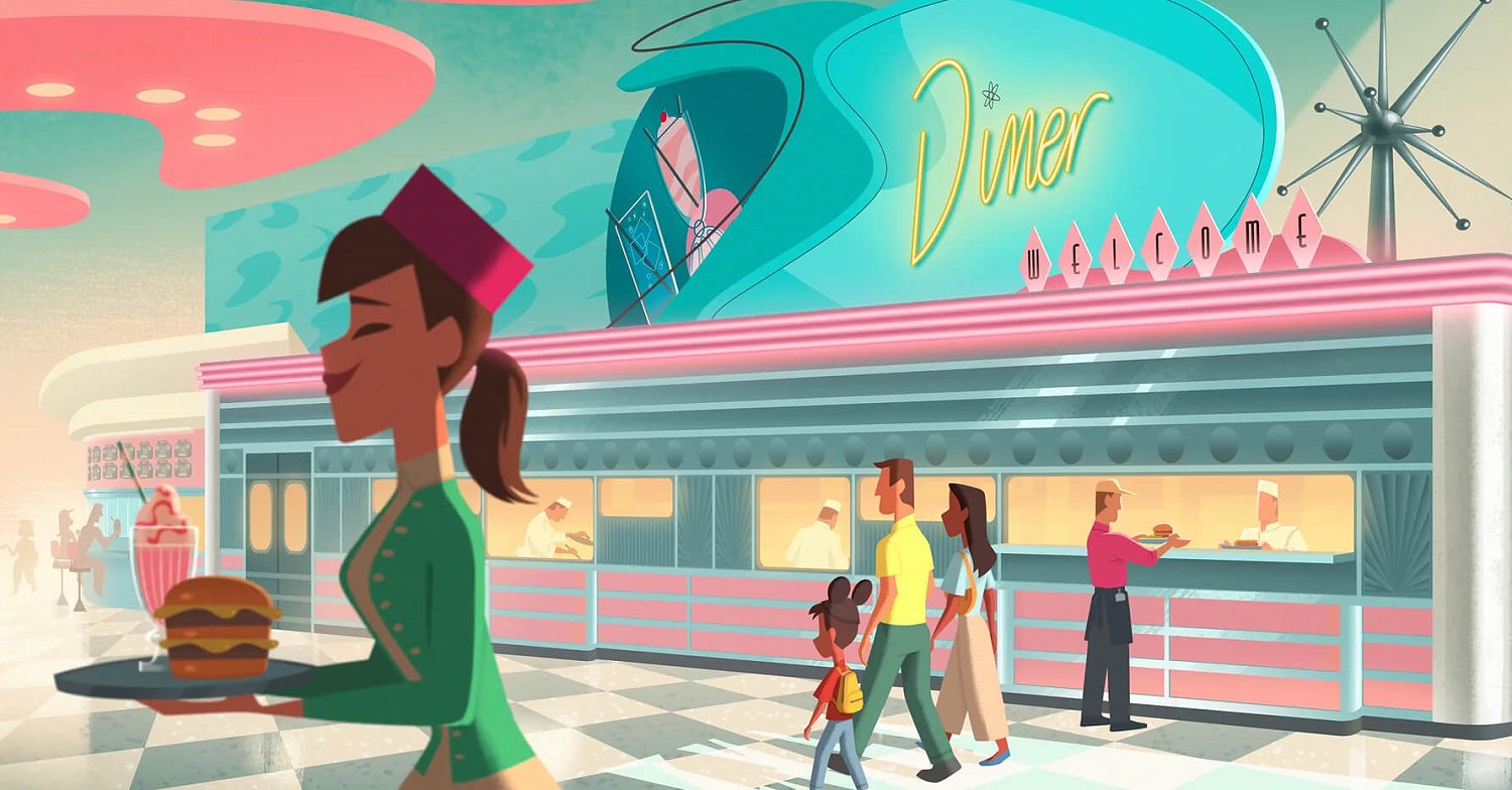 Concept Art zum neuen Stil von Annette's Diner Concept Art zum neuen Stil von Annette's Diner, der weiterhin den Look der 50er Jahre beibehalten wird.