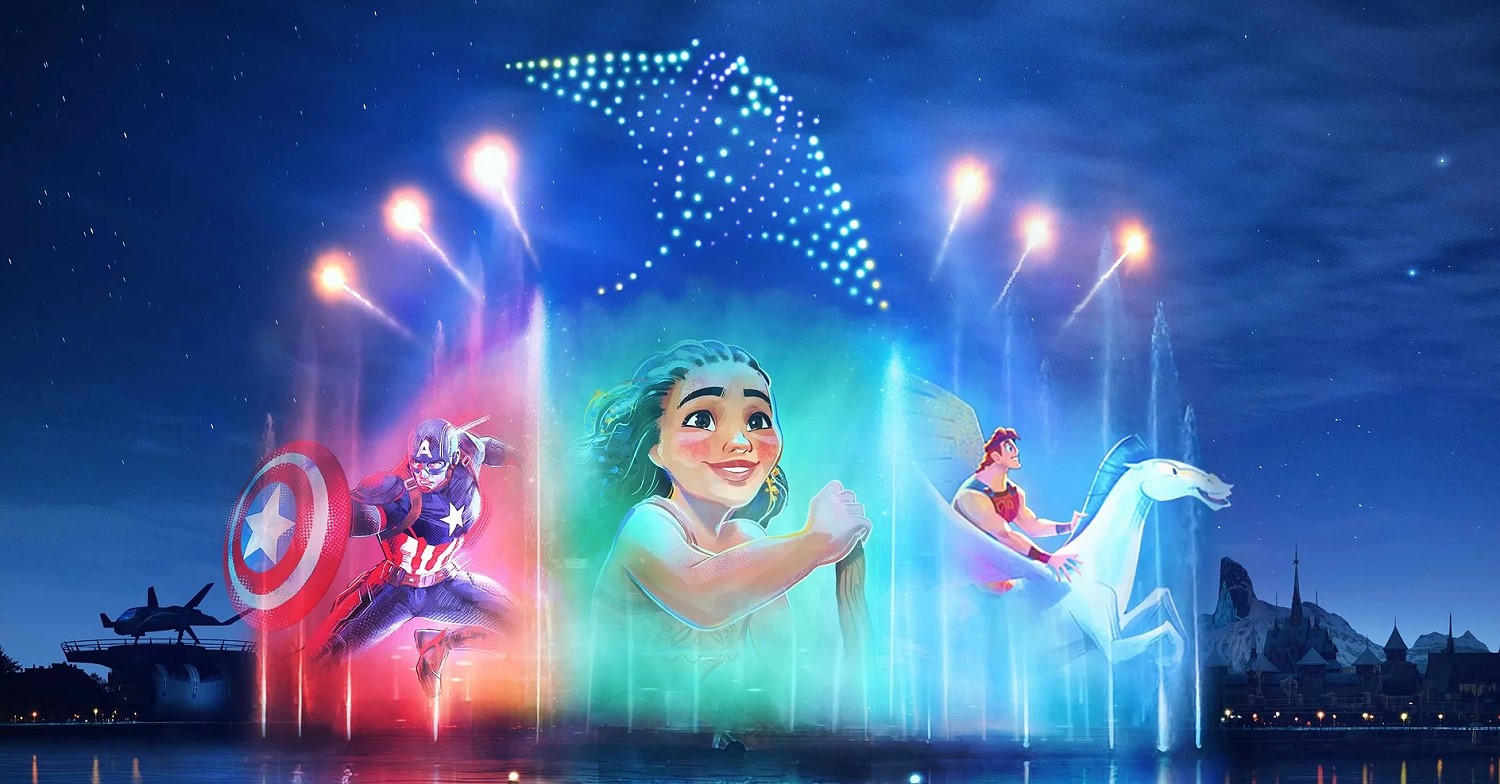 Cascade of Lights Disney Cascade of Lights - Wasser wird als Projektionsfläche genutzt. Zu sehen sind Captain America, Viana und Herkules