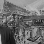 Eddie Sotto vor einem Concept Art der Main Street U.S.A. - in schwarz-weiß als Headerbild für einen Nachruf