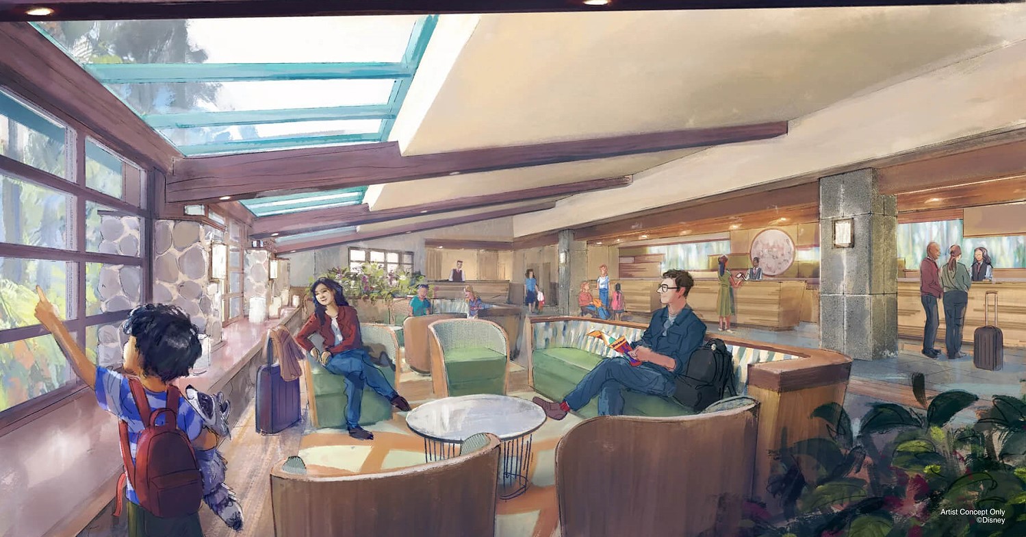 Concept Art zur Renovierung der Sequoia Lodge, das die neugestaltete Lobby zeigt.