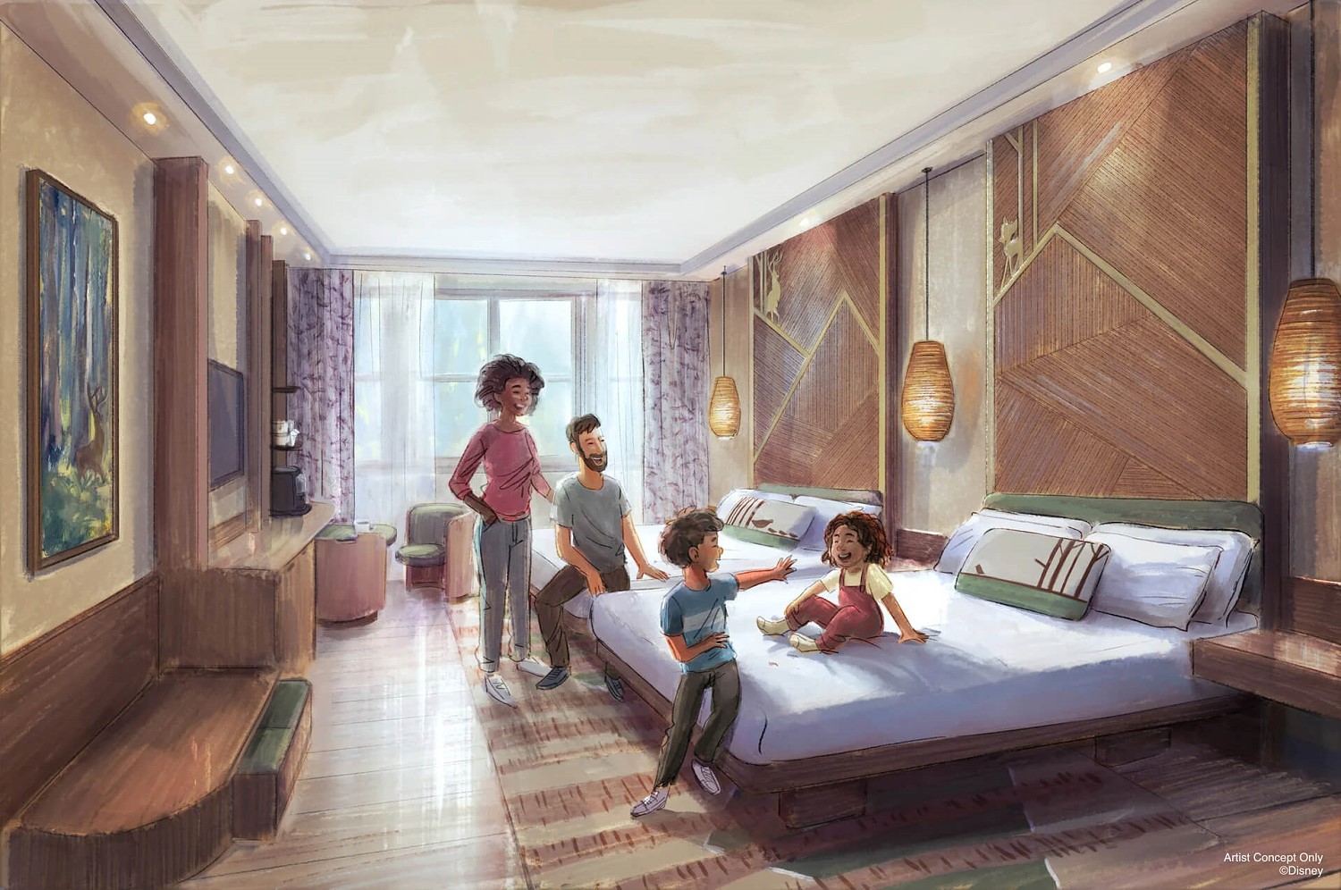 Concept Art eines neuen Zimmers in der Lodge Concept Art eines neuen Zimmers in der Lodge - modern ohne steril zu werden. Es gibt weiterhin viel Holzn und am Bett zeigen sich subtile Anspieleungen auf Bambi, die auch in einem Bild an der Wand aufgegriffen werden.