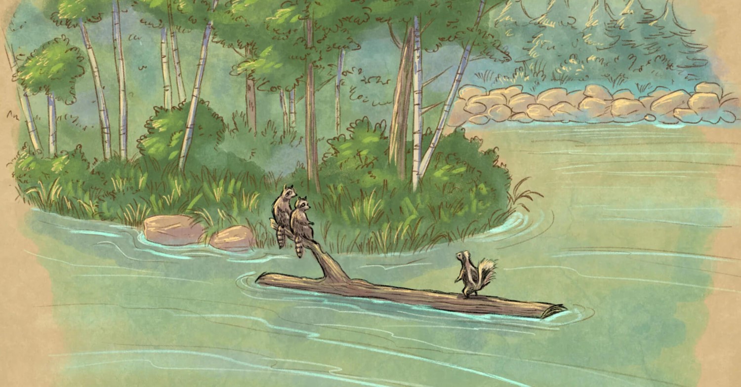 Rivers of the Far West Concept Art Zwei Waschbären und ein Stinktier auf einem Baumstamm, der im Wasser treibt