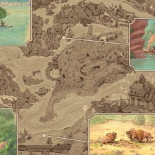 Konzeptzeichnung der Rivers of the Far West im Stil einer Landkarte mit einzeln hervorgehobenen Sehenswürdigkeiten