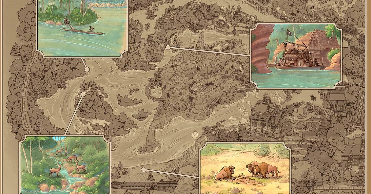 Rivers of the Far West Konzeptzeichnung der Rivers of the Far West im Stil einer Landkarte mit einzeln hervorgehobenen Sehenswürdigkeiten