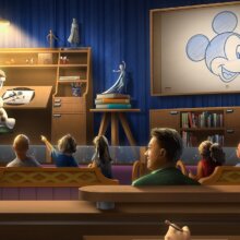 Schneemann Olaf am Zeichenpult erklärt dem Publikum, wie Mickey Mouse gezeichnet wird