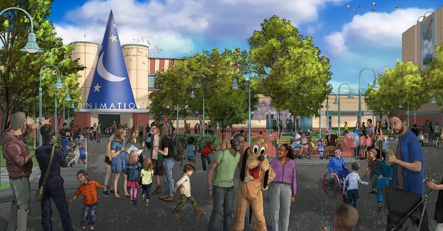 The Magic of Disney Animation Konzeptzeichnung für den Aussenbereich von The Magic of Disney Animation mit Mickeys Zauberhut über dem Eingang