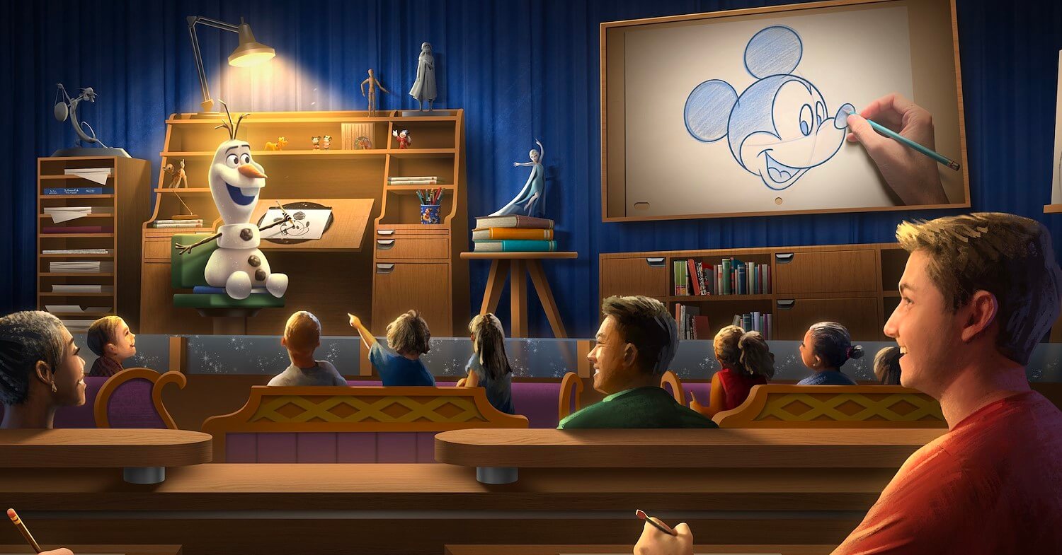 Olaf draws Schneemann Olaf am Zeichenpult erklärt dem Publikum, wie Mickey Mouse gezeichnet wird