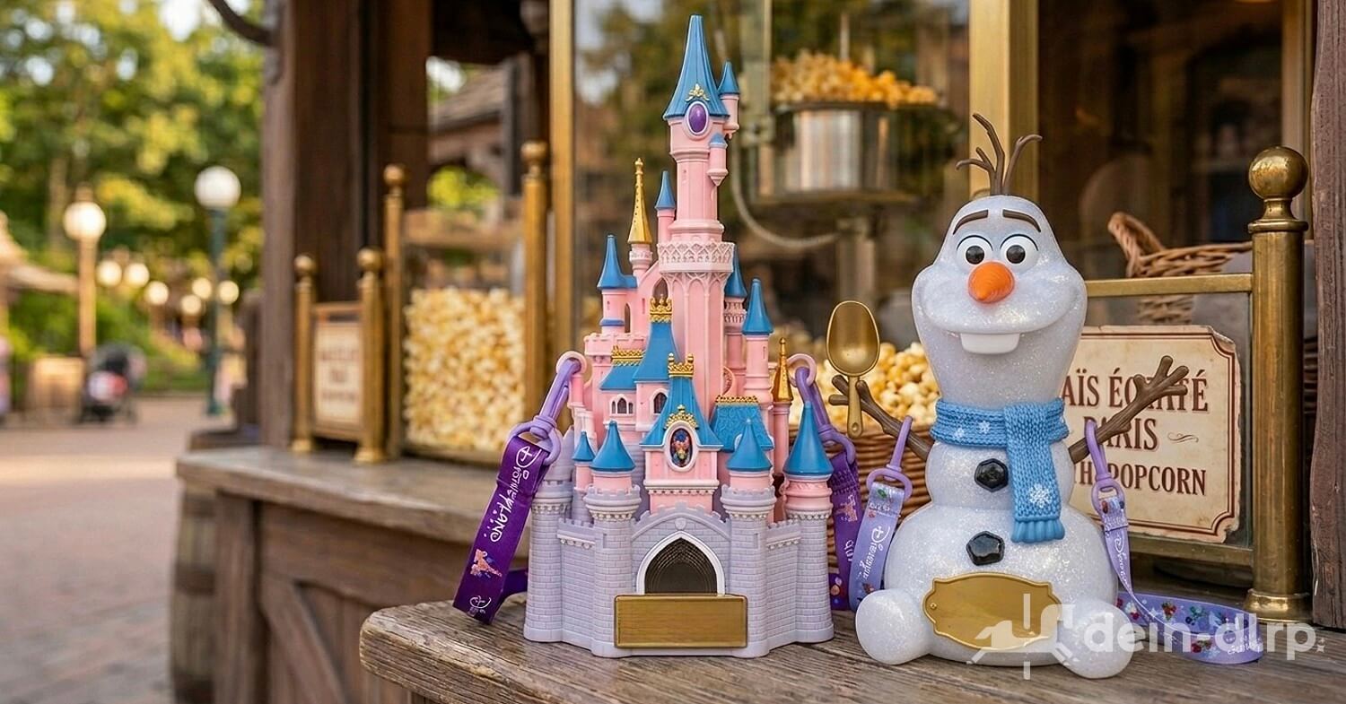 Neue Popcornbecher für Disneyland Paris: Sleepeing Beauty Castle und Olaf Eimer vor einem Popcornstand