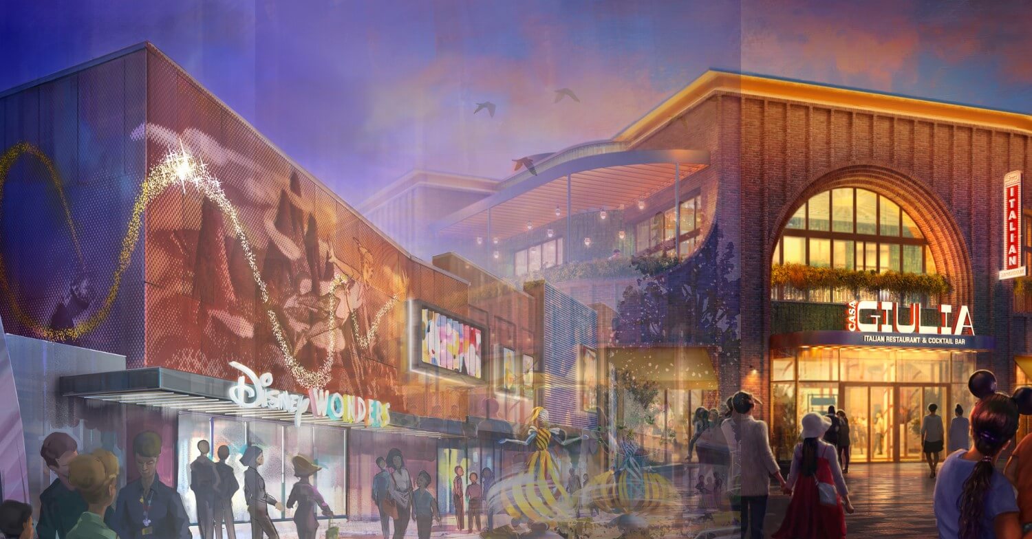 Collage die Disney Wonders und Casa Giulia Concept Arts, zwei der Eweiterungen fürs Disney Village 2026, ineinander verlaufend zeigt