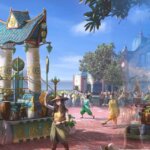 Concept Art der Wagen von Raya (vorne) und Vaiana bzw. Moana bei der DIsney Princess Cavalcade vor dem Regal View in Disney Adventure World