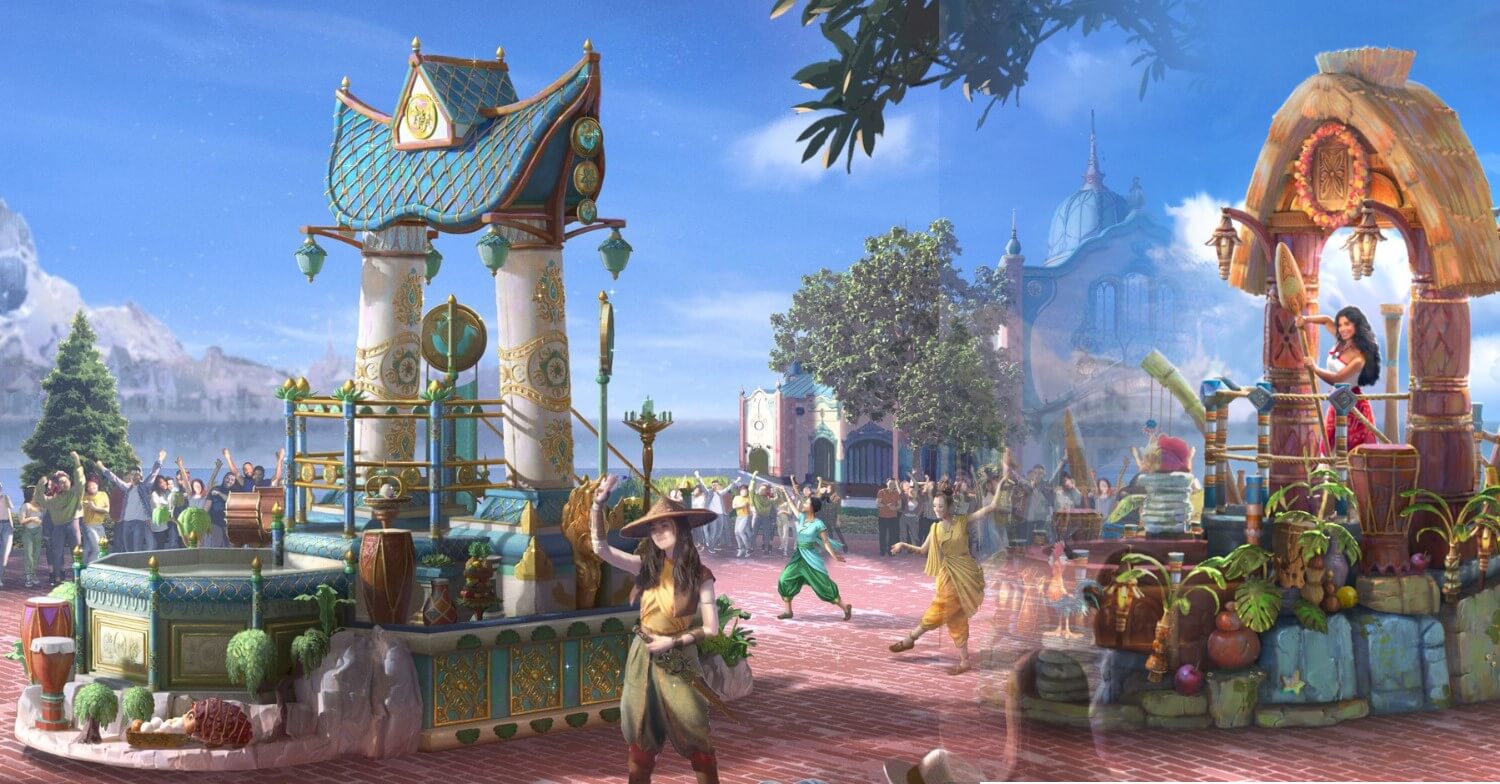 Disney Princess Cavalcade Concept Art der Wagen von Raya (vorne) und Vaiana bzw. Moana bei der DIsney Princess Cavalcade vor dem Regal View in Disney Adventure World