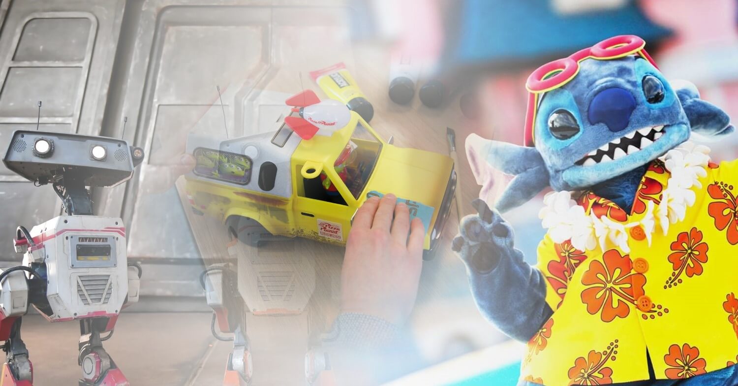 Highlights im Sommer 2026 in Disneyland PAris vereint in einer Grafik: BDX Droids, Pixar Pzza Planet Truck und Stitch