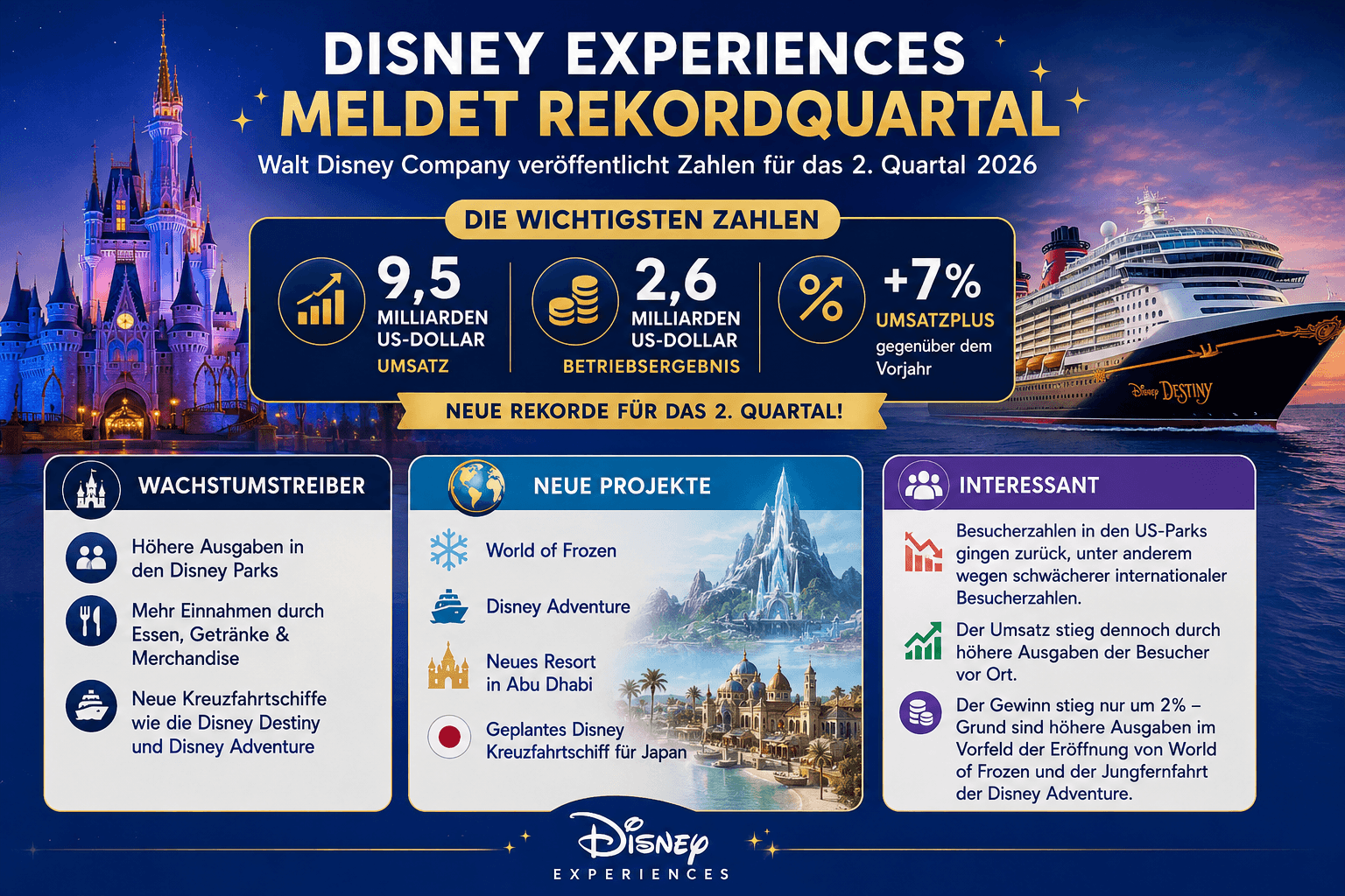 Infografik zu den Quartalszahlen des Bereiches Disney Experience innerhalb der Walt Disney Company: Das Unternehmen meldet Rekordzahlen für die Division. Umsatz 9,5 Milliarden Dollar, Ergebnis 2,6 Milliarden Dollar, Umsatzwachstum 7%. Weitere Details zur Grafik in Textform im Artikek.