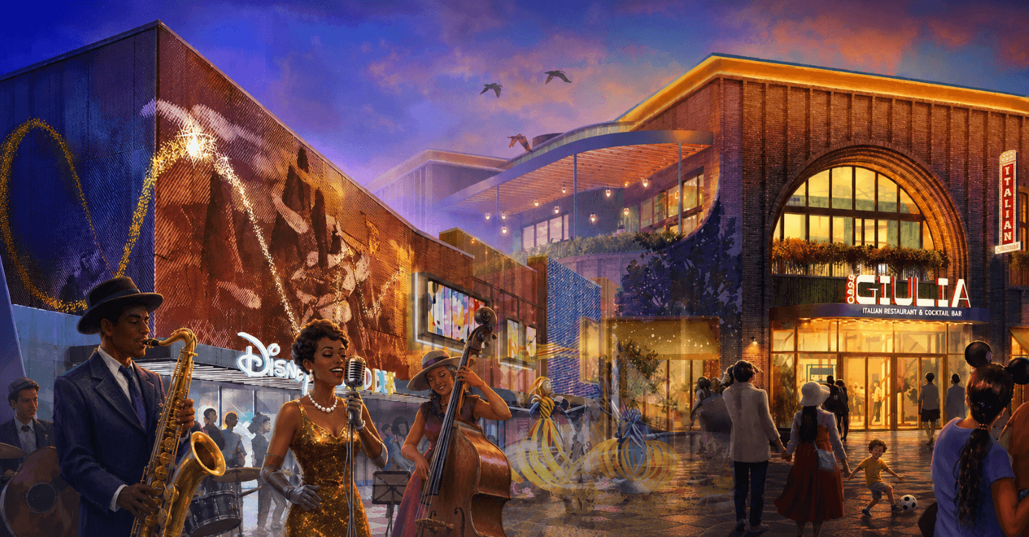 Disney Village Collage: Musiker vor der linksseitigen Store Front und der Casa Giulia
