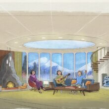 Ausschnitt aus dem Concept Art zur Neugestaltung des Carousel of Progress in Walt Disney World: die Eltern betreten das Wohnzimmer der Familie