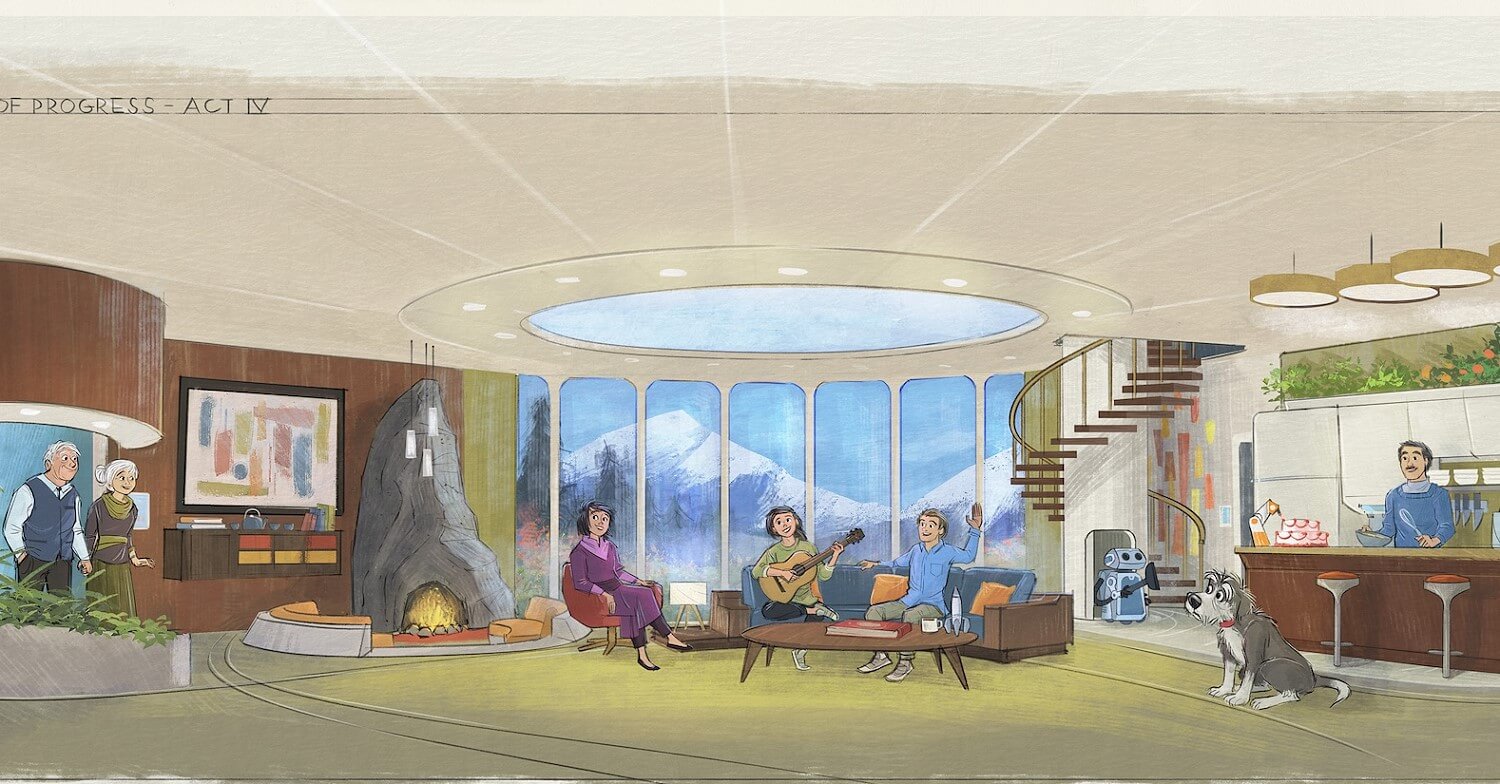 Ausschnitt aus dem Concept Art zur Neugestaltung des Carousel of Progress in Walt Disney World: die Eltern betreten das Wohnzimmer der Familie