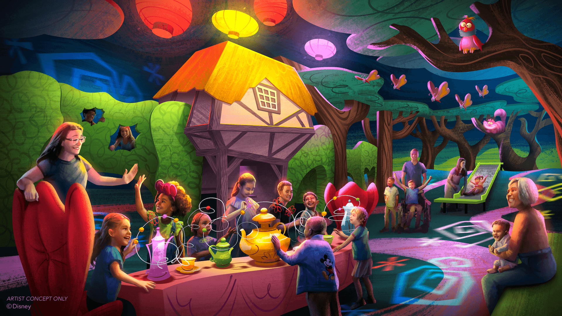 Drawn to Wonderland Concept Art für den von Enwürfen Mary Blairs inspirierten Indoor Spielplatz Drawn to Wonderland