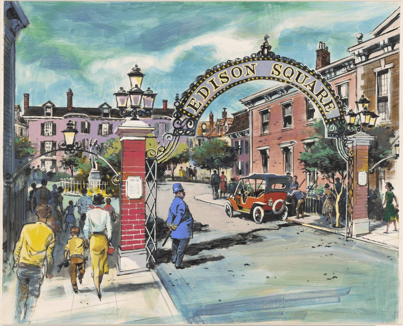 Concept Art für den Edison Square in Disneyland (Kalifornien). Eingangschild mit dem Namen über der Straße, Menschen betreten eine Straße, die im Stil des frühen 20. Jahrhunderts gestaltet ist. Zu sehen sind ein Polizist in zeitgenössischer Uniform mit Schlagstock und ein Oldtimer.