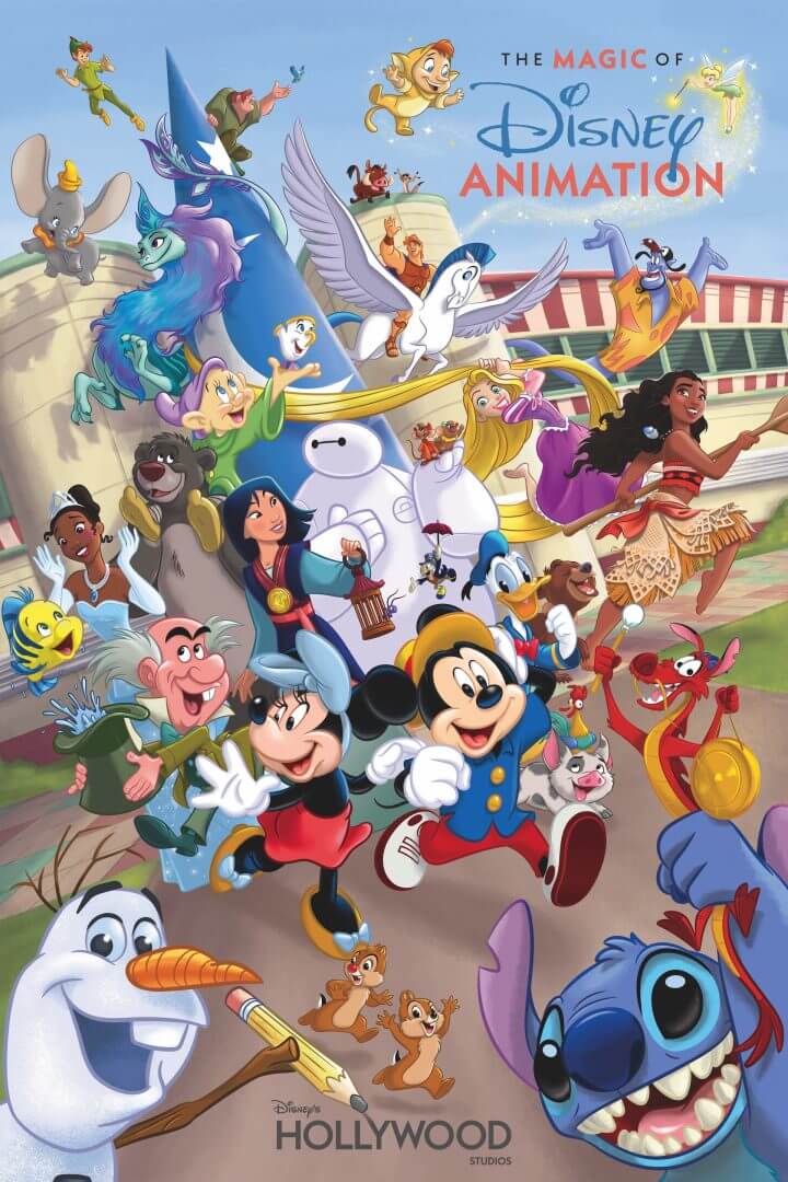 Poster zu Once upon a Studio in The Magic of Disney Animation Poster zu Once upon a Studio in The Magic of Disney Animation: eine Vielzahl von Disney Figuren rennen vor dem Roy E. Disney Animation Building