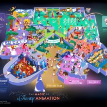 Karte des neuen Bereiches The Magic of Disney Animation mit Once upon a Studio Theater, Drawn to Wonderland, Off the Page, Olaf Draws und den Galleries