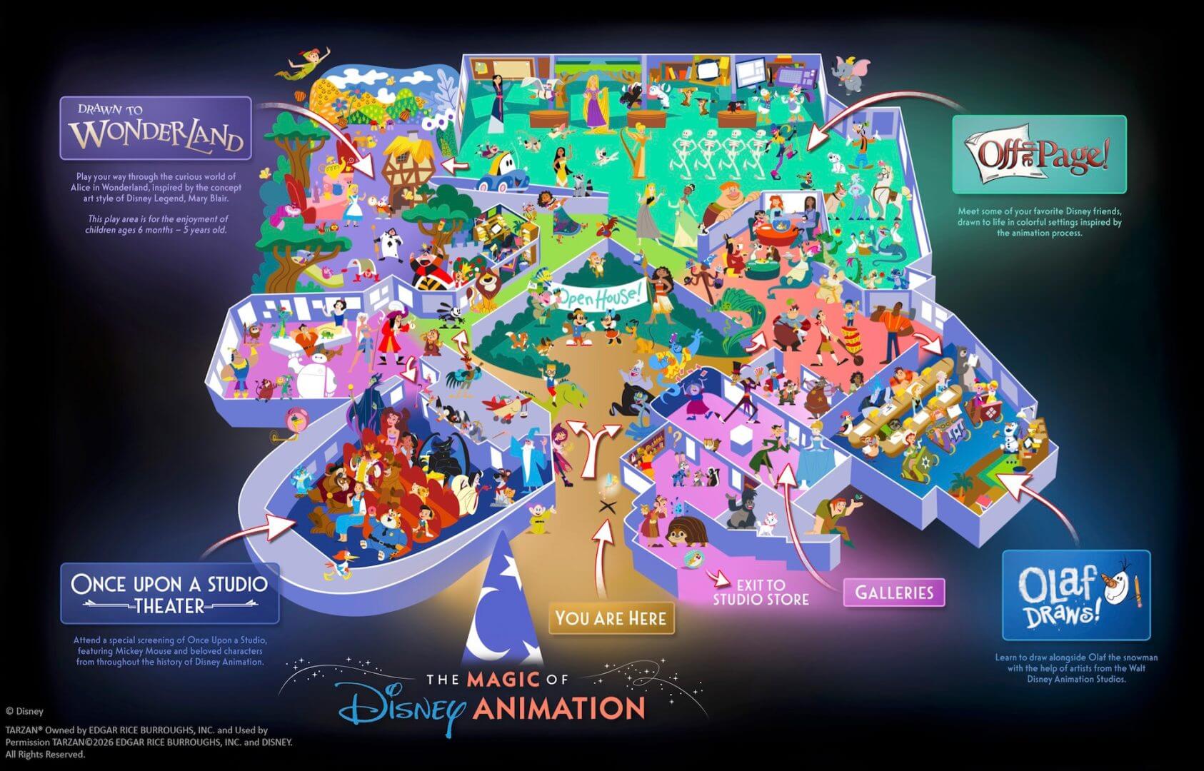 The Magic of Disney Animation Karte des neuen Bereiches The Magic of Disney Animation mit Once upon a Studio Theater, Drawn to Wonderland, Off the Page, Olaf Draws und den Galleries