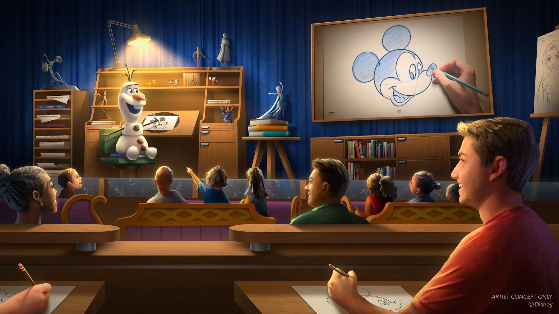 Concept Art von Olaf Draws Concept Art von Olaf Draws: Olaf sitzt auf der Bühne und führt dem Publikum vor, wie man Mickey Mouse selbst zeichnen kann