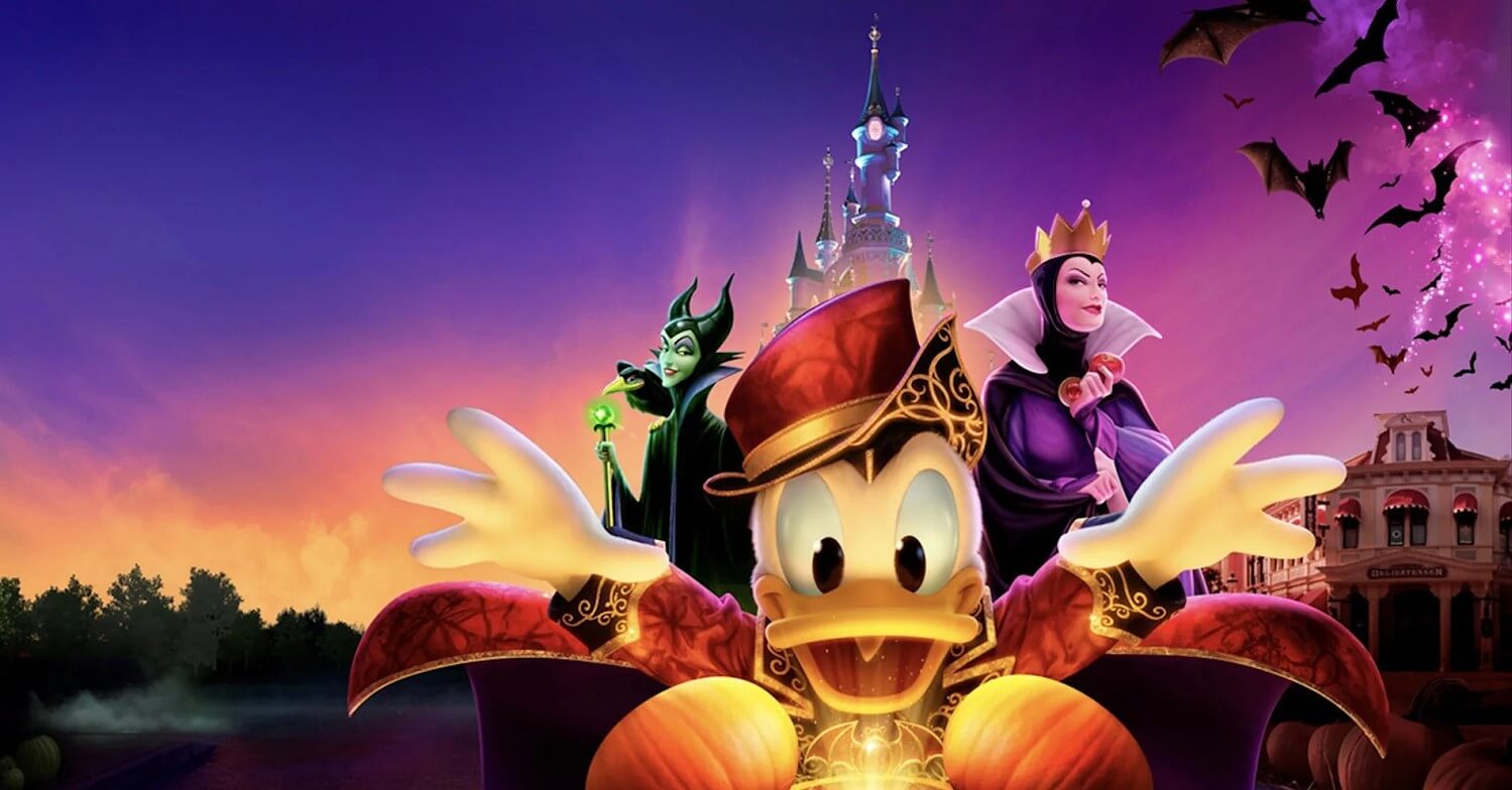 Halloween Werbegrafik für Disneyland Paris mit Donal Duck und Malefiencent sowie der Bösen Königin