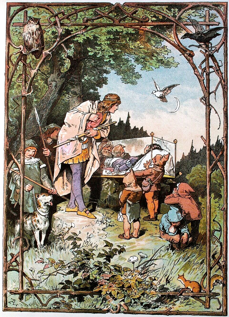 Schneewittchen in einer Illustration von Alexander Zick Schneewittchen in einer Illustration von Alexander Zick aus dem Jahr 1886. Schneewittchen liegt in einem gläsernen Sarg, der Prinz schaucht hinein und die trauernden Zwerge stehen daneben