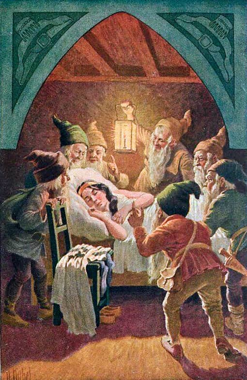 Das schlafende Schneewittchen liegt im Bett. Illustration von Otto Kubel, ca. 1930 Das schlafende Schneewittchen liegt im Bett und wird von den überraschten Zwergen betrachtet. Illustration von Otto Kubel, ca. 1930