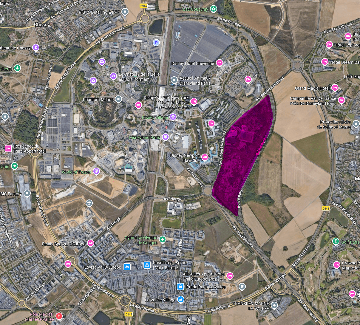 Google Maps Screenshot des geplanten Areals des neuen SOlarparks im Disneyland Paris.